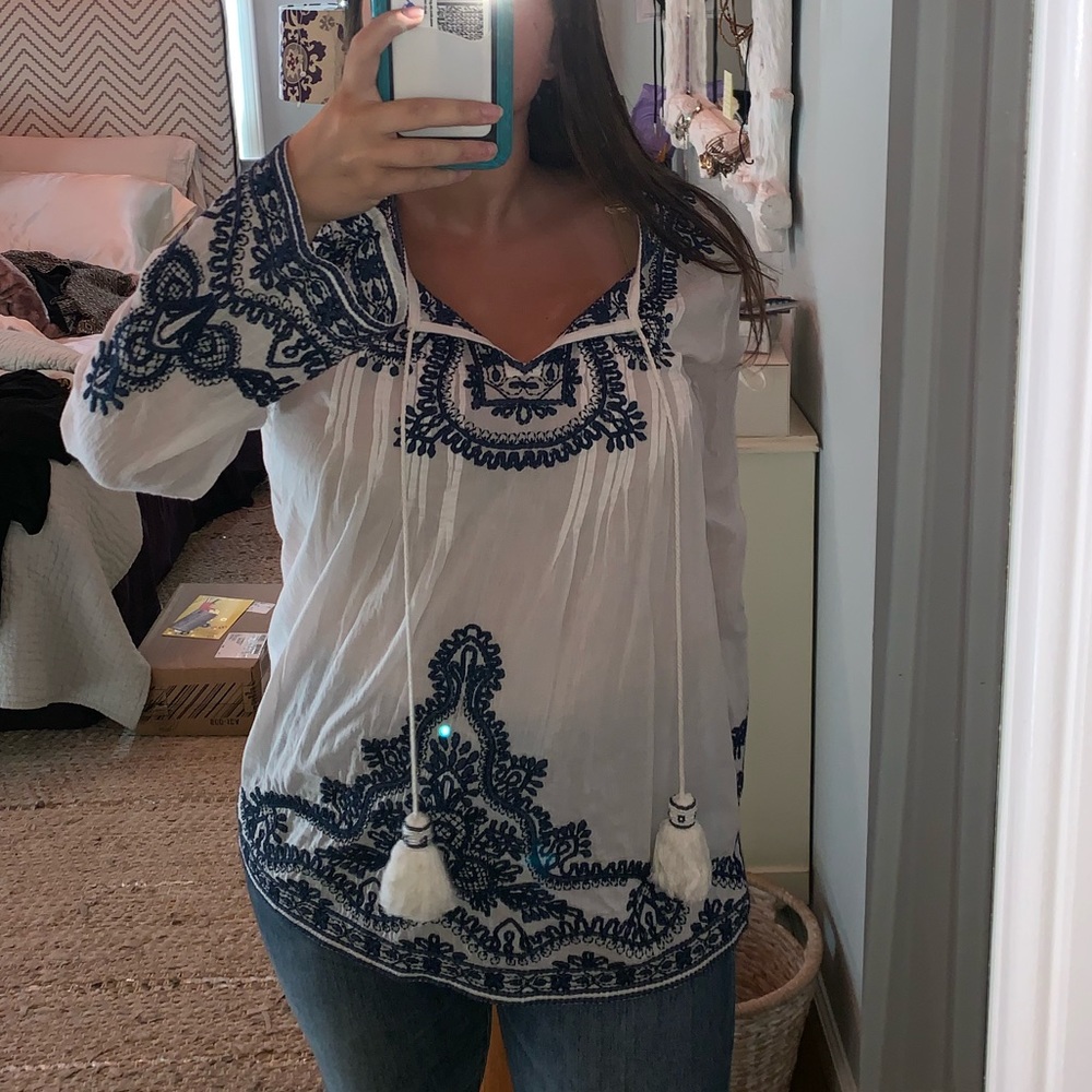 Blue and white linen blouse